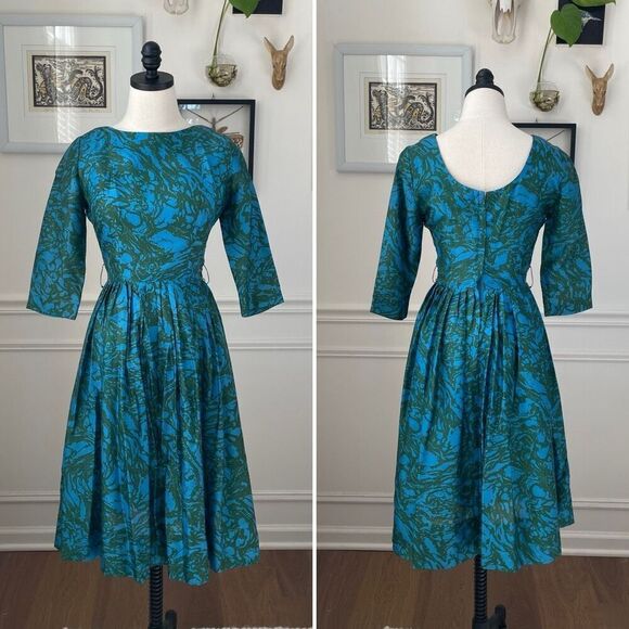 Vintage 60s Turquoise Green 3/4 Sleeve Fit and Flare Dress 4 S - Picture 1 of 12